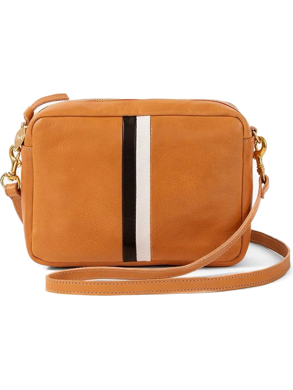 Clare V Midi Sac Leather Crossbody Bag with Contrast Stripe - Rustic Black Cream
